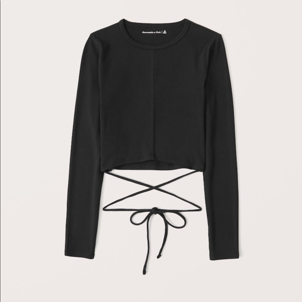 Abercrombie and Fitch Black cropped long sleeve midriff cross tie top